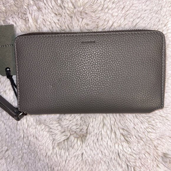 ALLSAINTS Lena Hex Zip Wallet | Bloomingdale All Saints Pebbled Leather Zip Wallet in Storm Gray